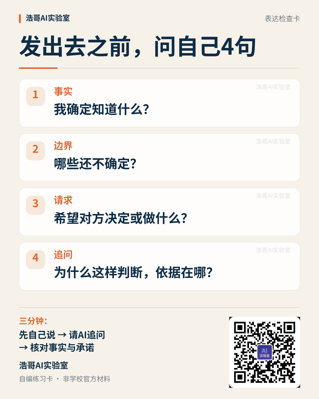 三分钟表达检查卡：事实、边界、请求、追问。